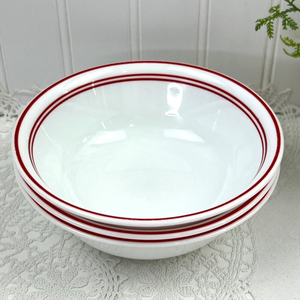 Corelle Vitrelle 3 Coupe Cereal Soup BowlsC lassic Cafe Red White Red Band Edge - Picture 4 of 10